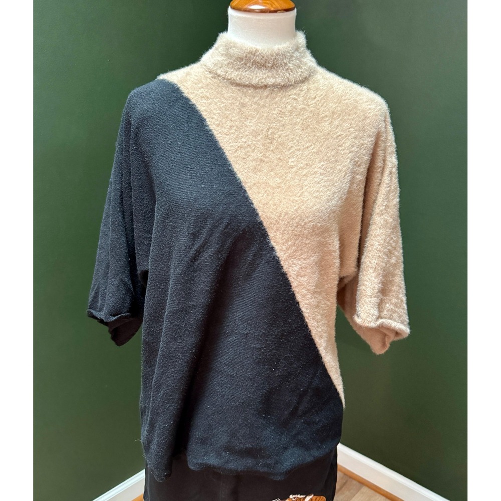 Alfani Mock Neck Colorblock Fuzzy Knit Top Women's M